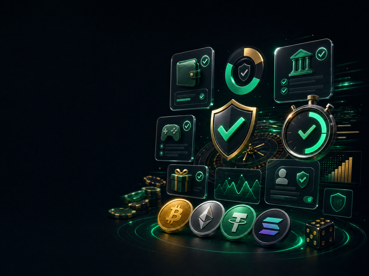 Crypto casino review artwork with verified payout speed badges and bonus cards