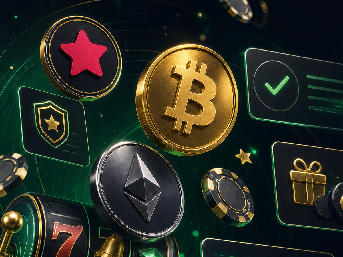 BitStarz review hero artwork with floating crypto coins, casino chips, slot reels, withdrawal checkmarks, and a subtle BitStarz logo badge on a dark SlotCompass background