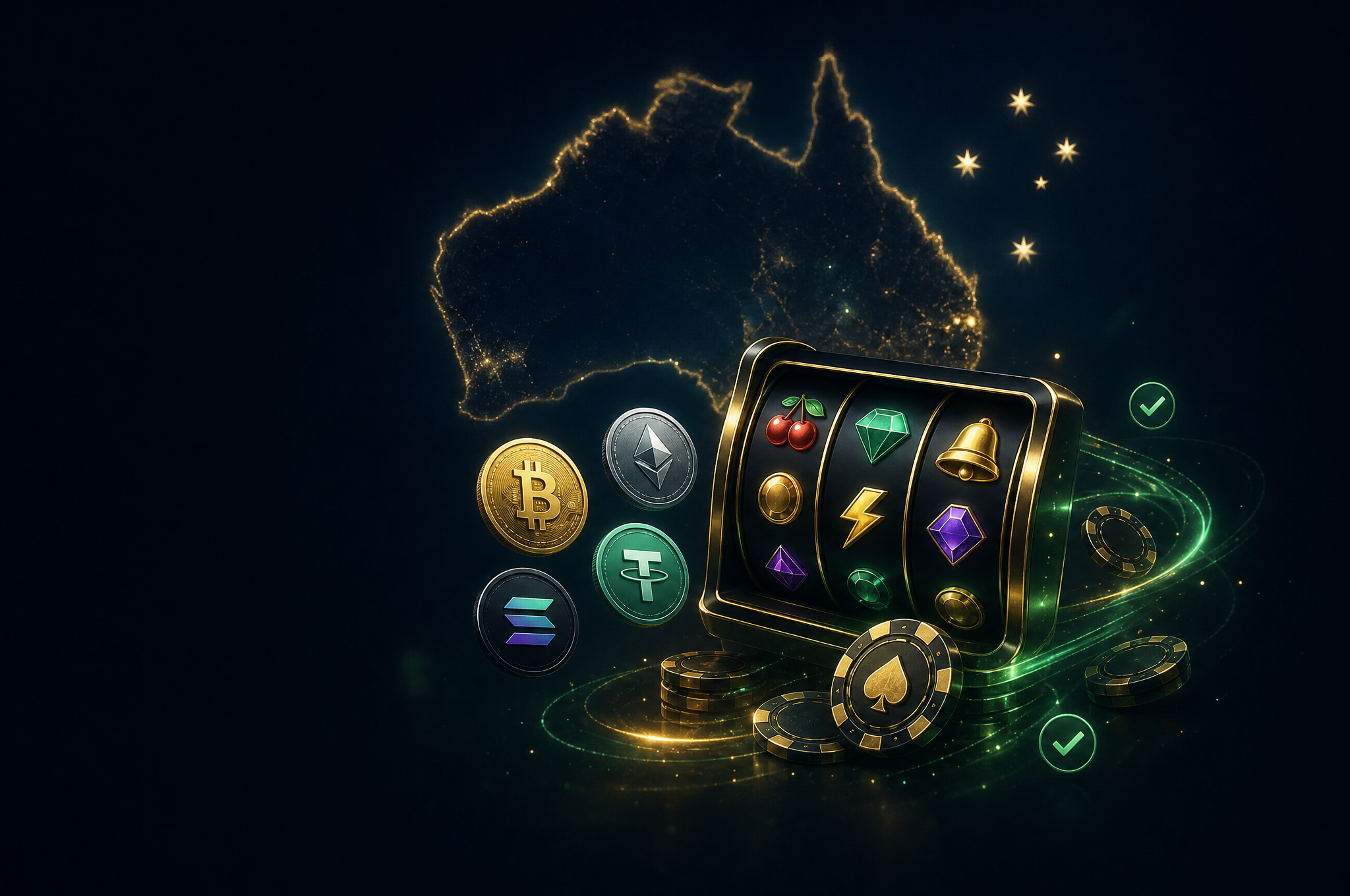 Australian crypto casino hero artwork with glowing Australia map, Southern Cross stars, pokies reels, casino chips and Bitcoin, Ethereum, USDT and Solana coins