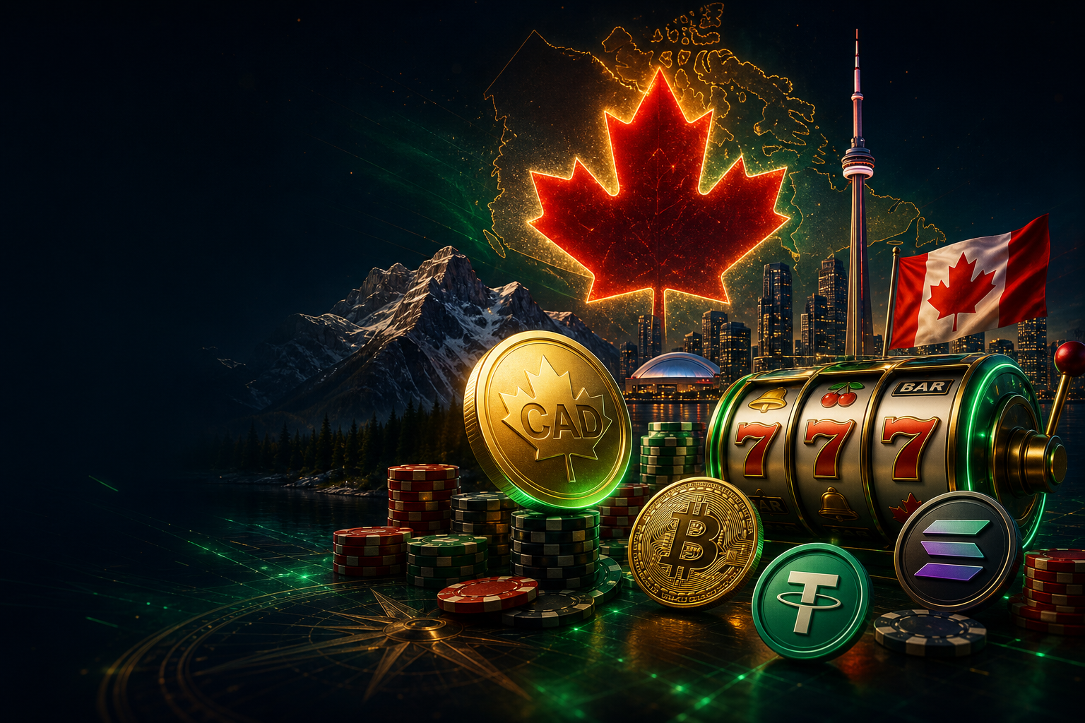Canada crypto casino hero artwork with maple leaf, Canada map, Toronto skyline, Rocky Mountains, CAD token, slot machine and Bitcoin, Ethereum, USDT and Solana coins