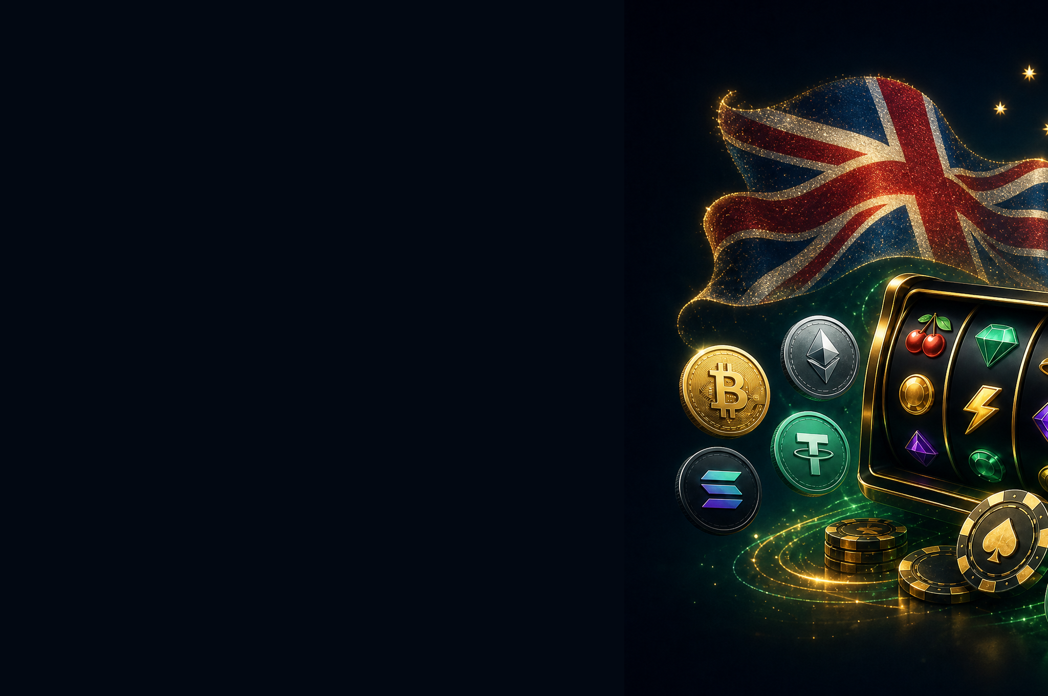 UK crypto casino hero artwork with Union Jack flag, Big Ben, London skyline, GBP token, slot machine and Bitcoin, Ethereum and USDT coins