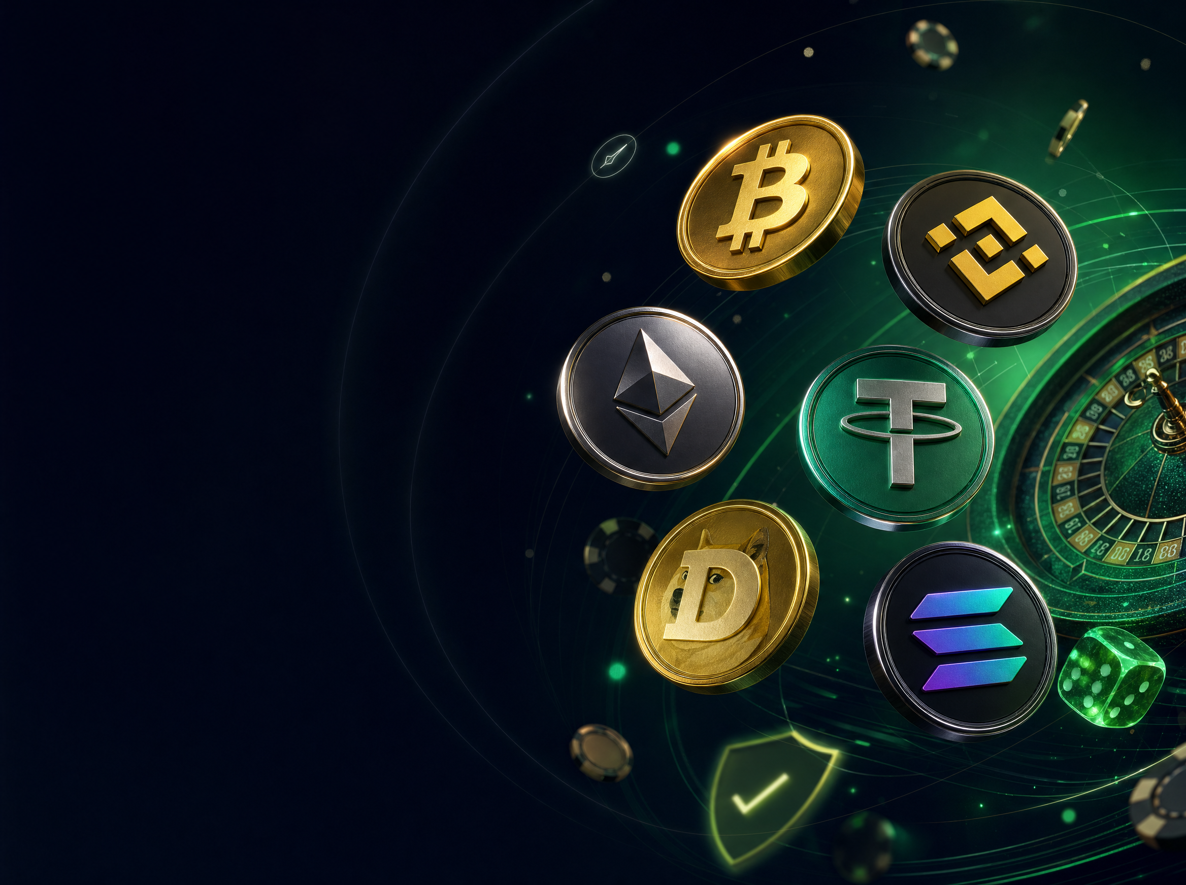 Floating crypto coins and verified bonus audit illustration