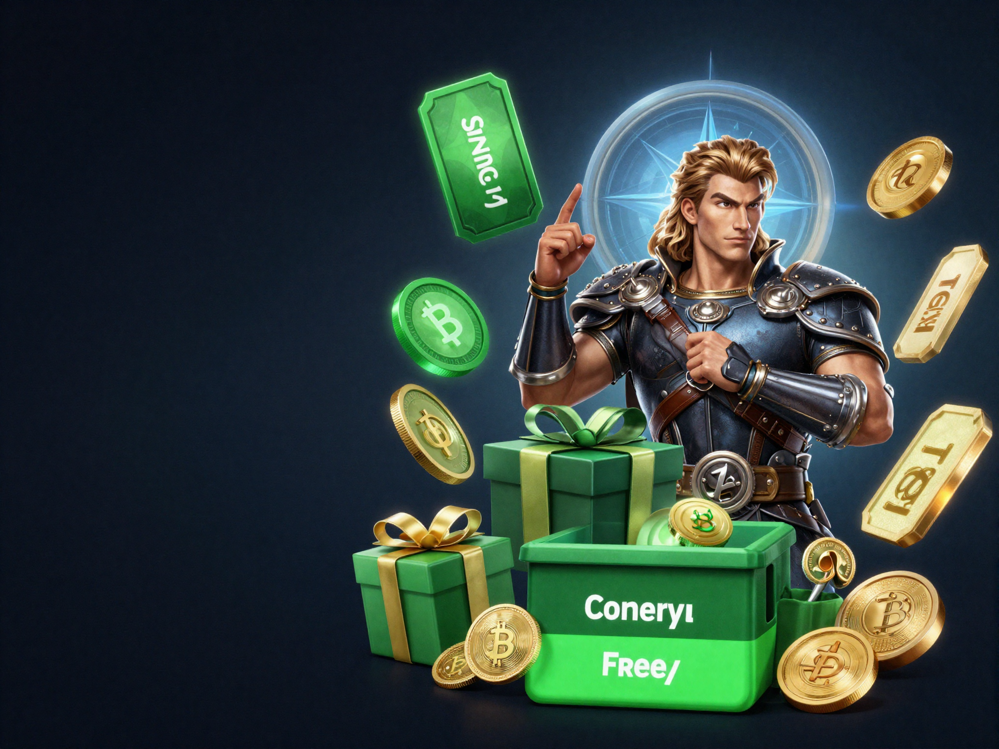 Crypto casino free offers artwork with bonus tokens, free spins, and glowing coins