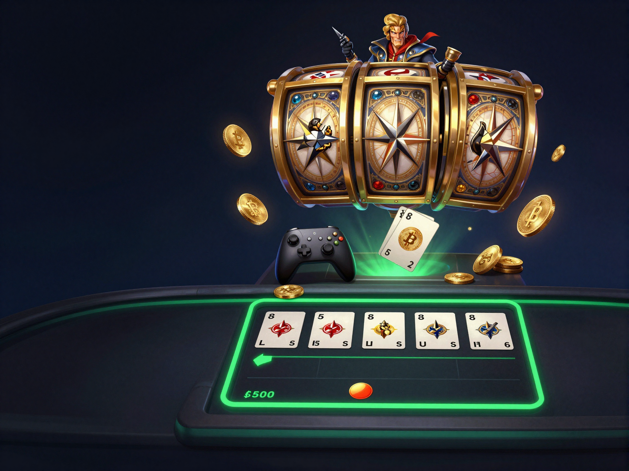 Crypto casino games artwork with slots, live dealer cards, crash games, and esports elements